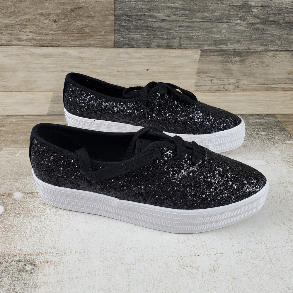 Keds Point Womens Shoes Sz 6.5 Black Glitter Canvas Lace Up Platform Sneakers